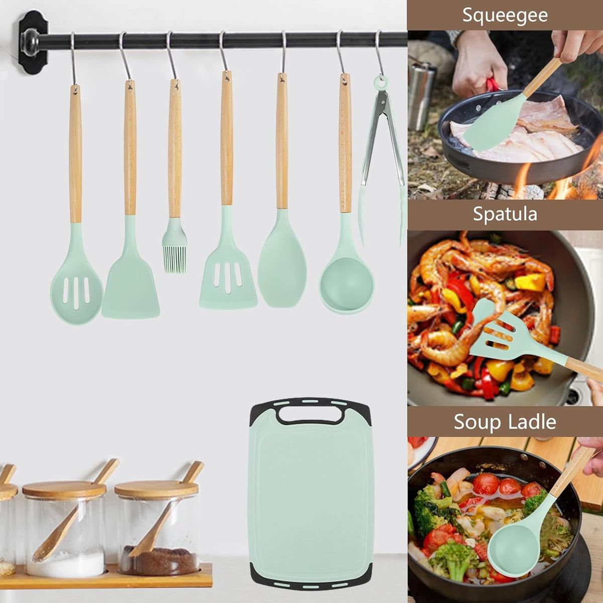 Cooking Utensils Set - 19 Piece Set with 11 Spatulas, 6 Sharp Knives, Silicone Utensils & Cutting Board (Green)