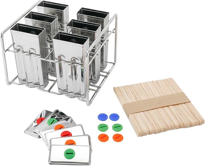 6 Sets Stainless Steel Popsicle Molds Rack and Accessories, Rust-Resistant Popsicle Maker, 6pcs Leak-Proof Silicone Seals, 50pcs Wooden Sticks and Bonus Cleaning Brush