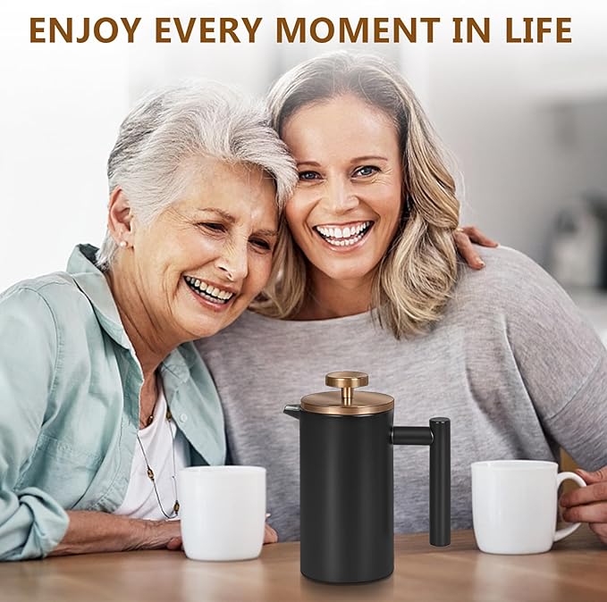 Black Stainless Steel French Press Coffee Maker, Double Wall Insulated French Press,for Coffee&Tea,with 3 Extra Screens and a Coffee Spoon,34oz/1000ml,Gold