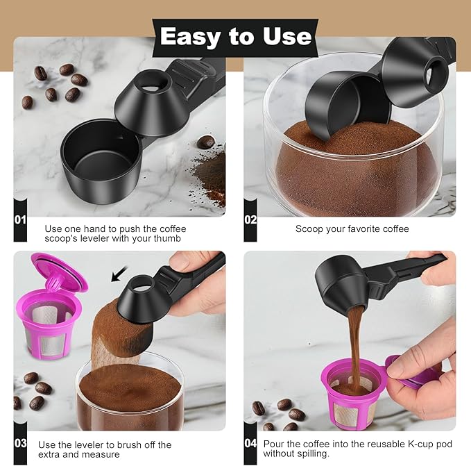 Coffee Scoop & Funnel for Reusable K Cup Refillable Coffee Pods, Coffee Measuring Spoon 2 Tablespoon Capacity, Scoop with Funnel for Ground Coffee, Protein Powder, Tea (Black, 1 Pack)
