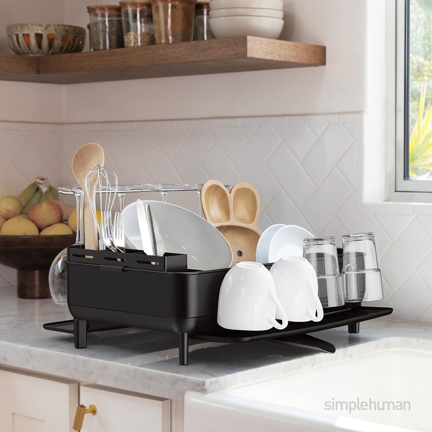 simplehuman Large Capacity Dish Drying Rack with Stainless Steel Frame, 360º Easy Drain Swivel Spout, Utensil & Wine Glass Holder, Anti-Residue Coating, Moisture Control Surface, Matte Black