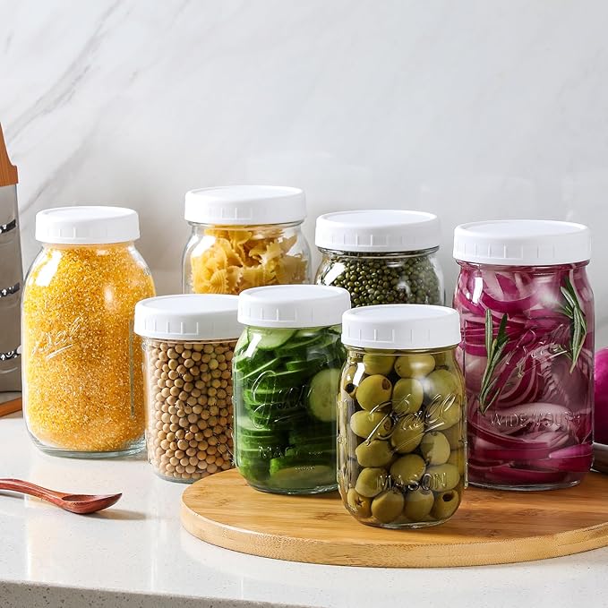 AOZITA 10 WIDE Mouth & 10 REGULAR Mouth Mason Jar Lids - 20 Pack Food Grade Plastic Mason Jar Caps for Ball, Kerr and More Canning Jars - Leakproof & Dishwasher Safe - White
