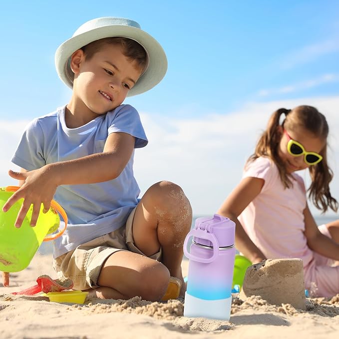 Volhoply 14oz KIds Stainless Steel Insulated Leakproof Water Bottle with Straw Lid and Silicone Boot,BPA-Free Easy Use for Boys&Girls,Double Wall Vacuum Bottles(Lavender Blue,1)