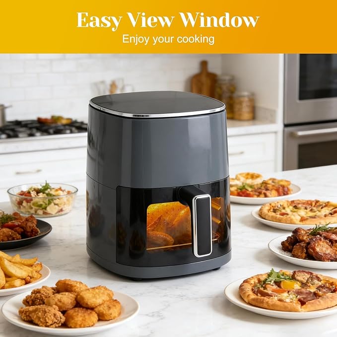 6-Quart Square Air Fryer with Viewing Window – 12-in-1 Multi-Function Appliance for Frying, Roasting, Baking, Steaming & Dehydrating, 400°F Maximum Temperature, Gray