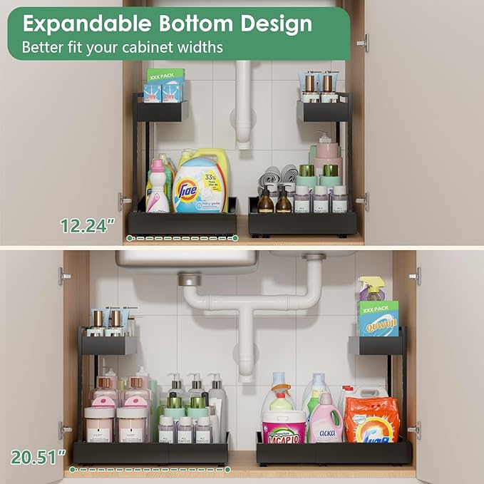 REALINN Expandable Under Sink Organizers and Storage, 2 Tier Under Cabinet Organizer, Heights Adjustable Pull Out Rack for Kitchen Bathroom Laundry, Black, 1 Pack