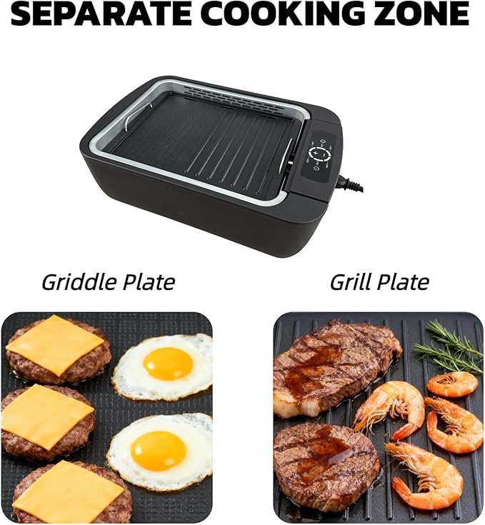 Indoor Smokeless Grill & Griddle, 1100W Electric Gill for BBQ, Smoke Extraction Device, 6-Speed Temperature Control, Non-Stick ‎Grill Plate with Oil Drain Holes, Dishwasher Safe, 5-Serving