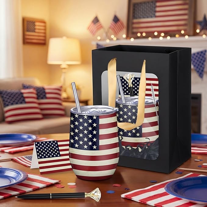 Patelai 30 Pcs 2026 American Flag Pattern Cups Gift Set for Men Women 12oz Stainless Steel Tumbler Mug Cups with Lid and Straw Pens and Card Set with Gift Bags for 4th of July 250th Memorial Day