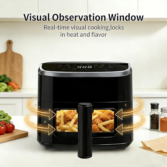 HealSmart 4 Qt Air Fryer with Visible Window, 8-in-1 Digital Airfryer with Interior Light, 1500W, Nonstick Dishwasher-Safe Basket for Fries, Bake, Wings, 60-Min Timer, Black