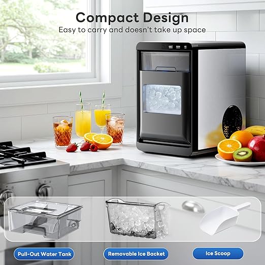 Kismile Nugget Ice Maker Countertop Ice,44LBS/24H,10 Mins Fast Ice Making,1.8L Front Pull-Out Water Tank,Self-Cleaning, Perfect for Home Kitchen&RV&Camping&Office