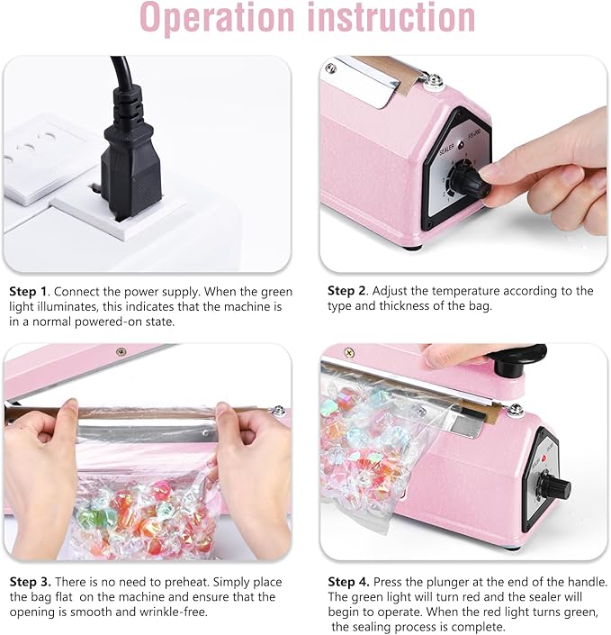 METRONIC Impulse Sealer 16 inch, Manual Heat Sealer Machine for Plastic Bags, Shrink Wrap Bag Sealers Heavy Duty Sealing Machine with Repair Kit (Pink)