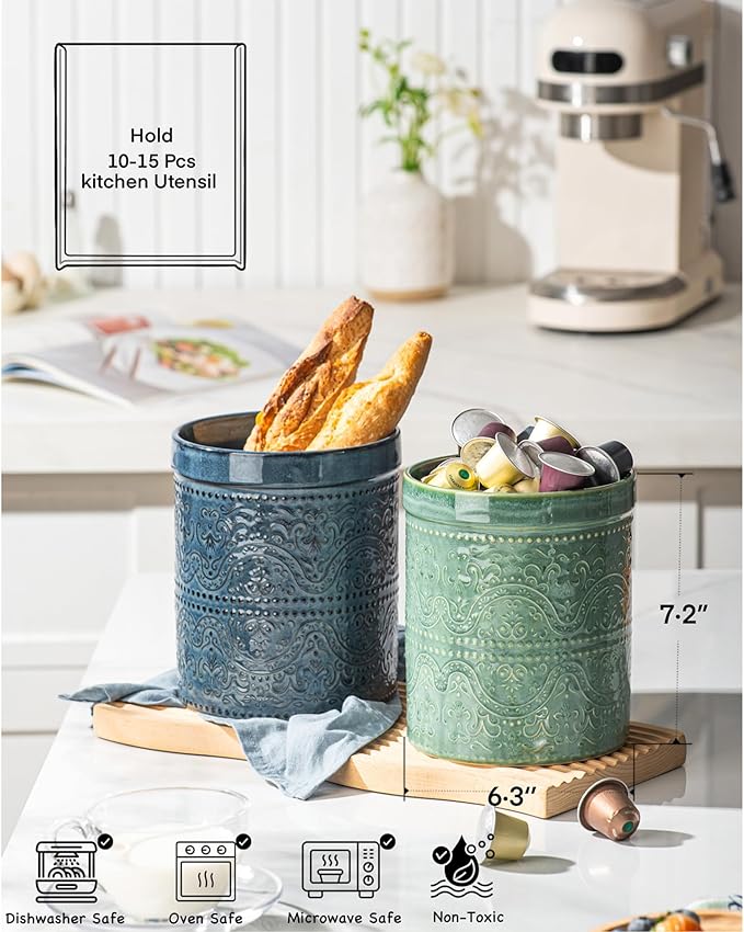 Kitchen Utensil Holder, 7 Inches Large Ceramic Utensil Holder for Countertop, Lace Emboss Cooking Utensil Crocks for Kitchen, Home Decor, Reactive Blue