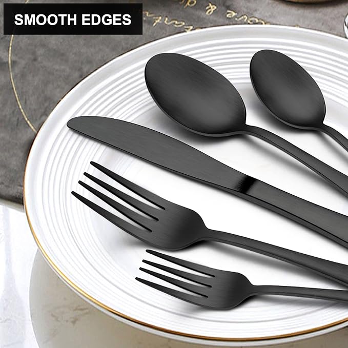 LIANYU 60 Piece Matte Black Silverware Flatware Set, Stainless Steel Satin Finish Black Flatware Cutlery Set for 12, Fancy Kitchen Utensil Tableware for Home Restaurant Party, Dishwasher Safe