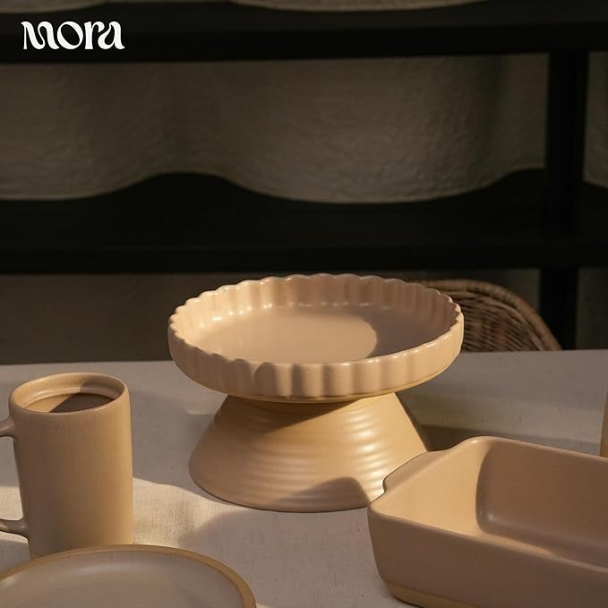 MORA Ceramic Tart Pan, 9.5 Inch Large Porcelain Baking Dish for Tarts, Quiche, Pie, Flan etc. Fluted Ruffled Edge, Oven, Microwave, Freezer, and Dishwasher safe - Great Gift For Bakers - Mushroom