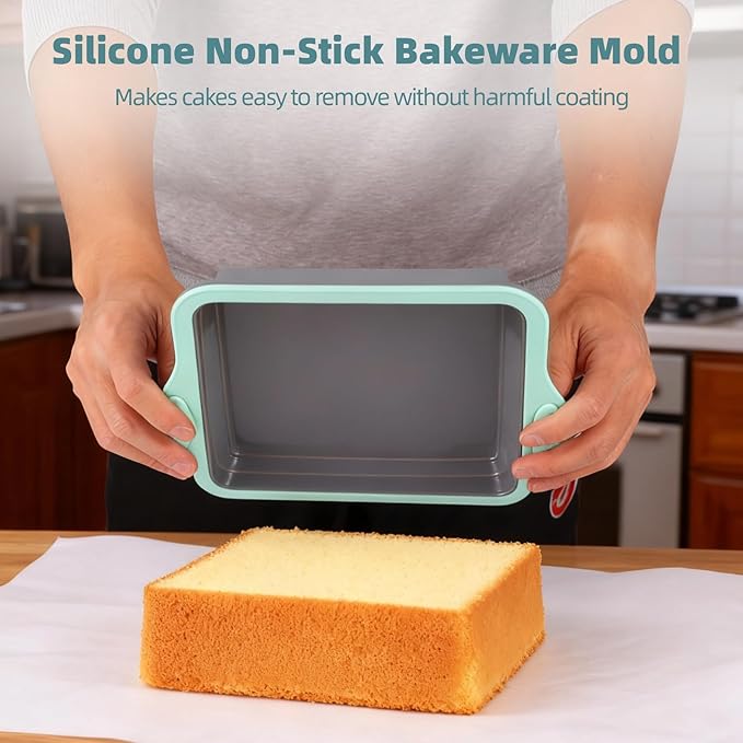 4PCS Silicone Baking Pan Set, Stackable Nonstick Baking Pans Set with Long-lasting Grip Handles & Metal Reinforced Frame, Kitchen Baking Kit for Baking Muffin, Loaf, Round & Square Cake Pans