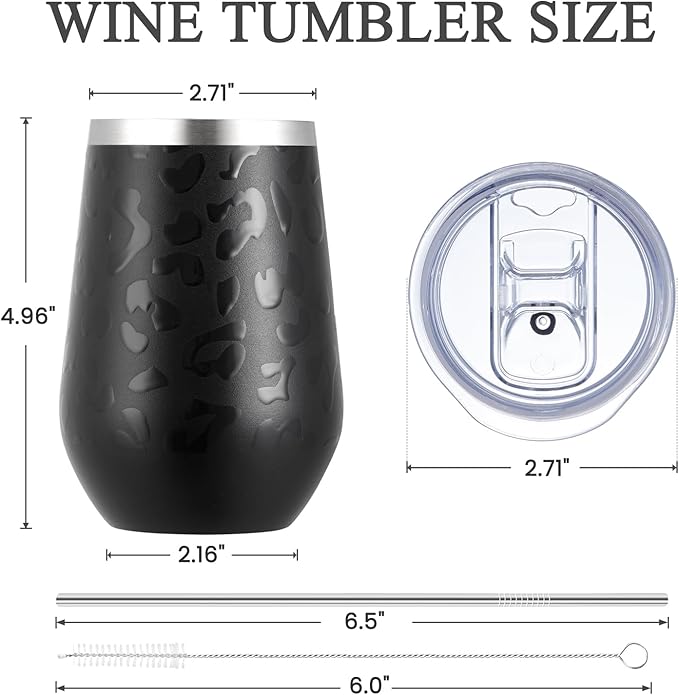 MEWAY 12oz Insulated Wine Tumbler Set of 8 - Double Wall Stainless Steel Stemless Wine cups Glasses with Lids, Gift for Family and Gifts, Prizes for adults(Black Leopard,Set of 8)