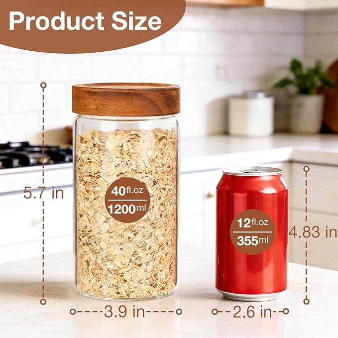 CONNOO 40oz Airtight Glass Storage Containers with Wood Lids (3-Pack) – Includes 120 Pre-Printed Waterproof White Kitchen Labels – Tall Pantry Canisters for Flour, Pasta & Cereal