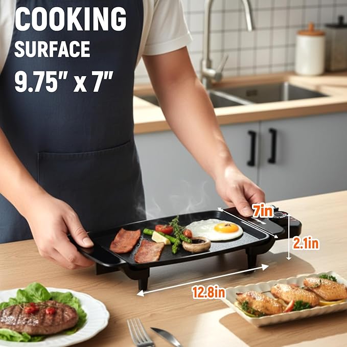 Small Electric Griddle, 10 Inch Mini Ceramic Non-Stick Electric Skillet with Adjustable Thermostat, 1200W Single Serve Grill for Breakfast, Cooking for Pancakes, Eggs, Sausage