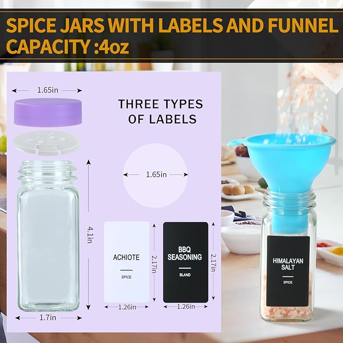 48 Glass Spice Jars with Labels, Spice Jar Set, 4oz Spice Containers, Seasoning Containers with Purple Airtight Lids and Shaker Lids, Square Empty Spice Bottles, 492 Labels, 1 Funnel