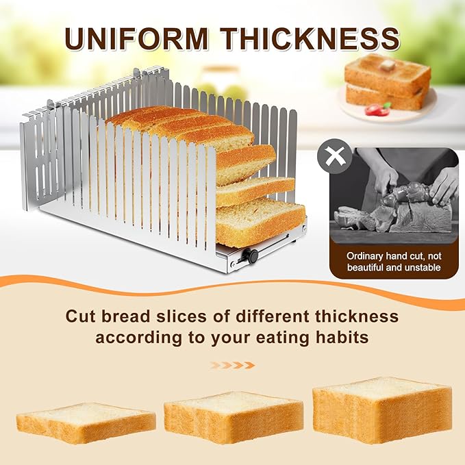 Stainless steel Bread Slicer for Homemade Bread,Adjustable Width,Foldable Compact,Bread Slicing Guide,Bread Loaf Slicer,for Cakes,Bagels,slice is 0.5",Bread width: 5.5"-8.3" (Gray)