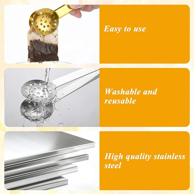 3 Pcs Tea Bag Squeezer Tongs, Stainless Steel Teabag Strainer Dispenser Tea Filter Spoon Clamp Dispenser Accessories for Gripping Teabags Ice Sugar Lemon Slice (Black, Silver, Gold)