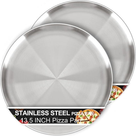 AWTBDP 13½ Inch Pizza Pan for Oven set of 2, Non-Stick Large Round Stainless Steel Pizza Pans plates, Durable Non-Toxic Pizza Steel Tray for Baking Cookie Pie Pizza Cake, Dishwasher Safe & Easy Clean
