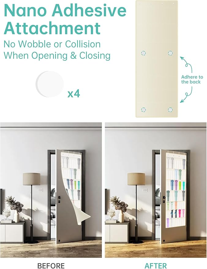 NiHome 35 Pockets Door Hanging Organizer for Large Stanley 30oz 40oz Tumblers with Handles, Deep Clear Pockets with Handle Slots, Waterproof Oxford Fabric for Kitchen, Cabinet, Pantry, Closet (Beige)