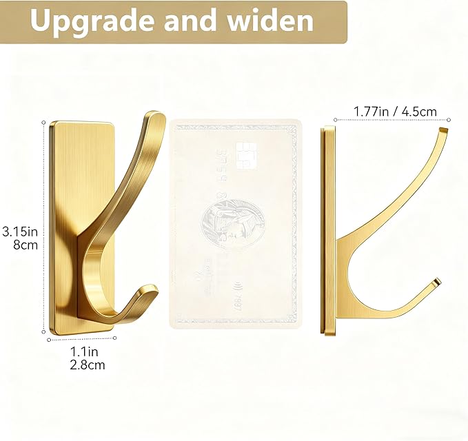 pickpiff Brushed Gold Self Adhesive Coat Hooks for Hanging: 13LB Extra Strong Stainless Wall Hook for Towel, Utensil, Backpack, Hat, Sturdy Metal Hanger for Bathroom, Kitchen, Door, 4-Pack