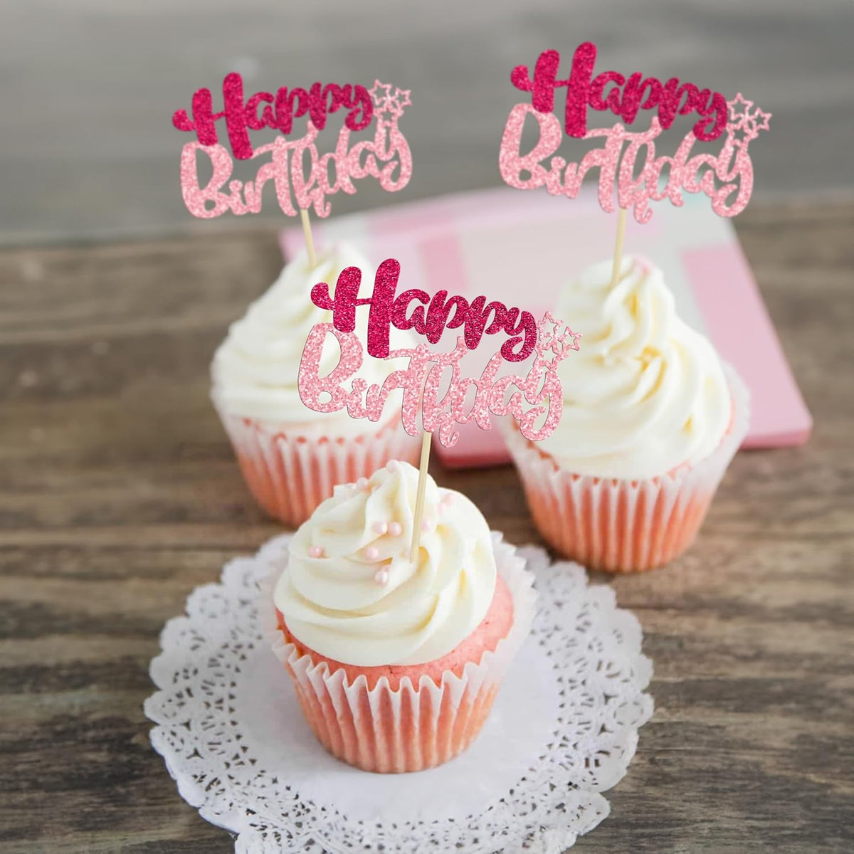 Ephlyn 24Pcs Happy Birthday Cupcake Toppers Double Layer Glitter Happy Birthday Cake Decorations for Celebrating Baby Shower Theme Kids Boys Girls Birthday Anniversary Party Supplies Rose Red Pink