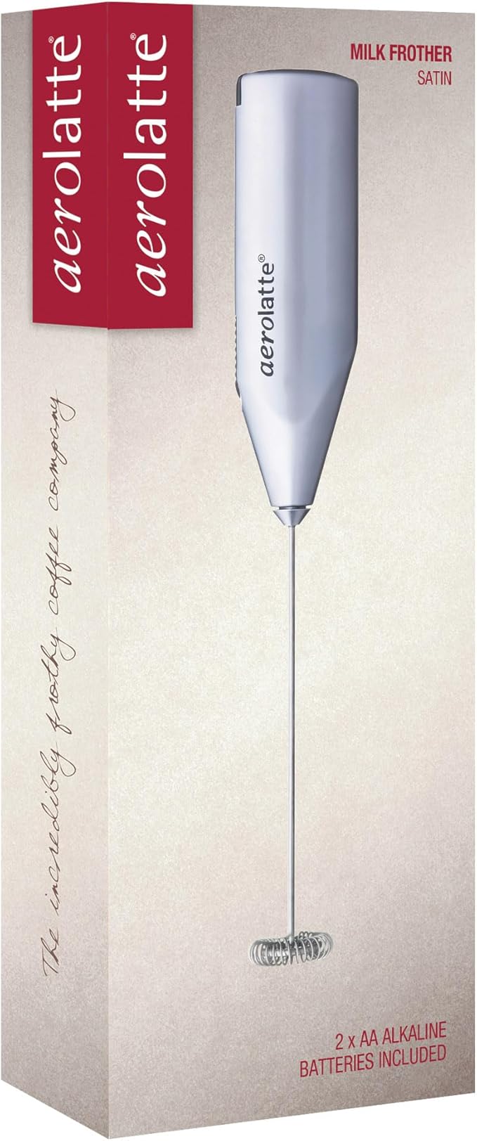 Aerolatte Steam-Free Milk Frother, Satin Finish, 18/8 Stainless Steel Whisk, BPA-Free Plastic Housing, Batteries Included