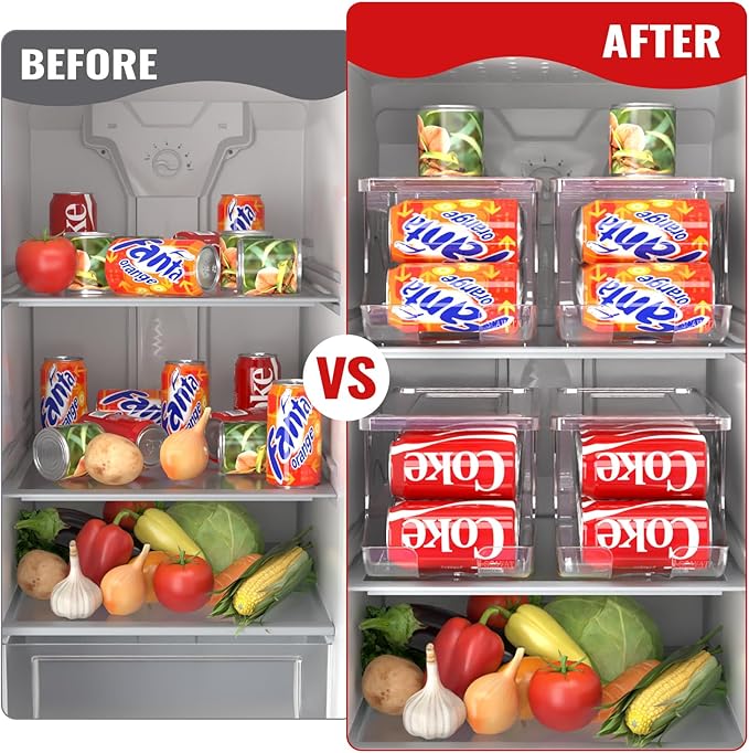 SCAVATA Stackable Refrigerator Organizer, Soda Can Dispenser Pop Cans Container Beverage Holder with Lid for Fridge, Freezer, Kitchen, Clear Plastic Storage Bins-Holds 10 Cans Each (One)