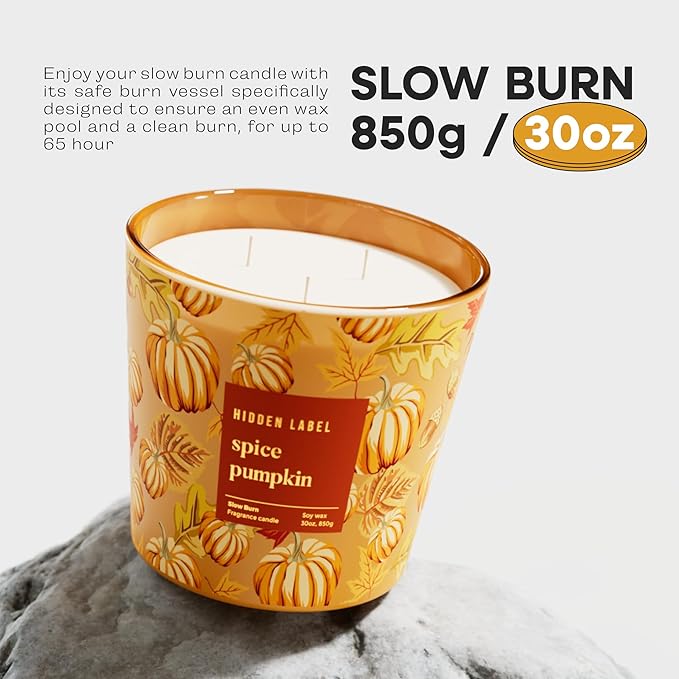 Hidden Label Pumpkin Spice Fall Candles, 3 Wick Large Scented Candle for Home, 30oz Natural Soy Candles for Home Scented,100 Hour Burn Time, Long Lasting Highly Scented Luxury Candle Gift