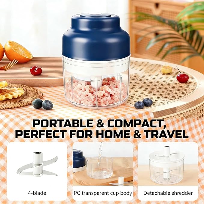 Electric Garlic Chopper Mini, Upgraded Rechargeable Veggie Chopper With Storage and Cover, One-Touch Food Processor with 4 Stainless Steel Blades for Onion Meat Chili Ginger (Blue, 320ml)