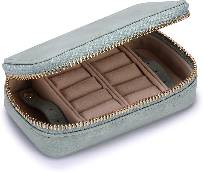 HISCOW Vegan Leather Travel Jewelry Case with Zipper - Portable Necklace & Earring Holder Organizer for Women Girls, Velvet-Lined Ring Box with Anti-Tarnish Design, Light Green
