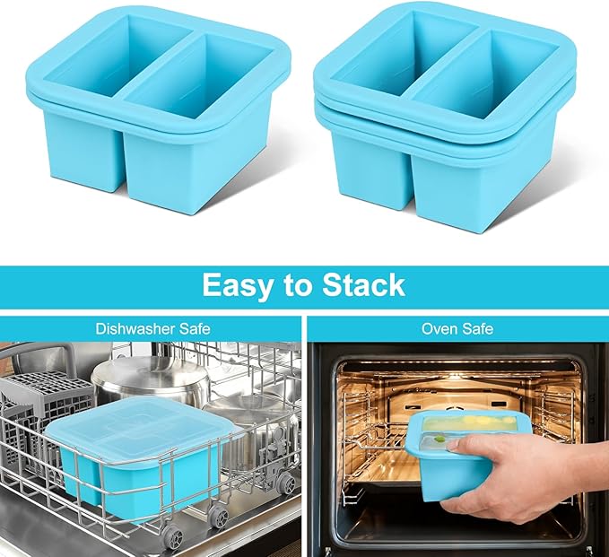 Silicone Freezer Tray with Lid 2 Pack Silicone Freezer Molds Ice Cube Tray Makes 4 Perfect 1 Cup Portions Soup Cubes Meal Prep Containers- Oven & Dishwasher Safe