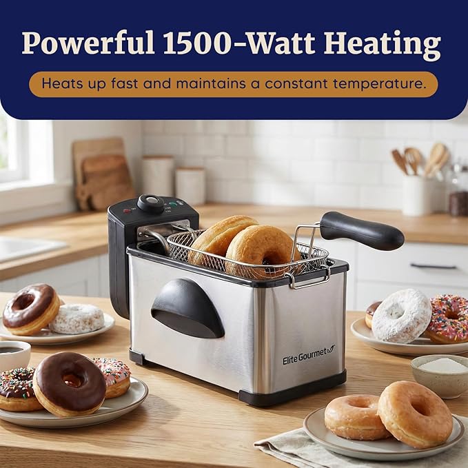 Elite Gourmet EDF2100 Electric Immersion Deep Fryer Removable Basket Adjustable Temperature, Lid with Viewing Window and Odor Free Filter, 2 Quart / 8.2 cup