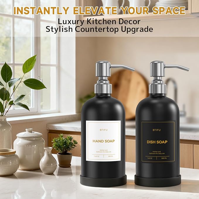 Kitchen Soap Dispenser Set – 16.8oz/500ml Glass Hand and Dish Soap Dispenser with Stainless Steel Pumps & Non-Slip Silicone Base, Luxury Countertop Decor for Home, Airbnb, Restaurant (Black & Silver)