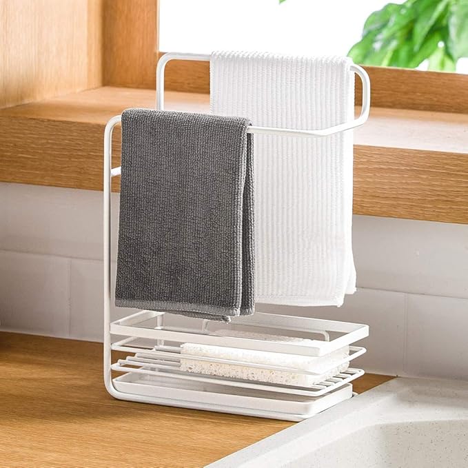 Poeland Sponge Holder with Drain Pan, Dishcloth Rack Kitchen Sink Caddy Organizer for Sponge Brush Soap Dish Rag
