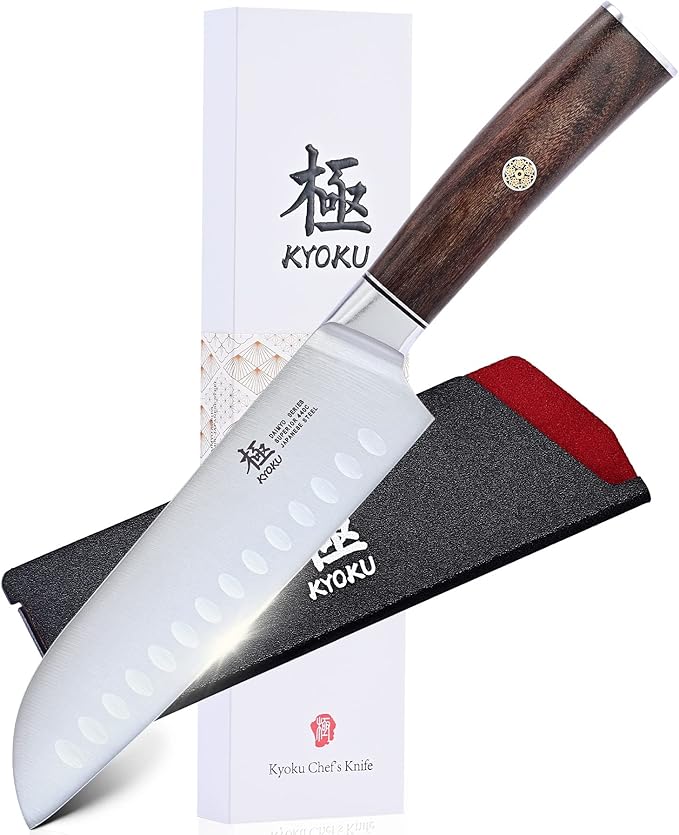 KYOKU 7 Inch Santoku Knife - Daimyo Series - Asian Knife Japanese Chef Knife with Ergonomic Rosewood Handle, & Mosaic Pin - Japanese Style 440C Stainless Steel Kitchen Knife with Sheath & Case