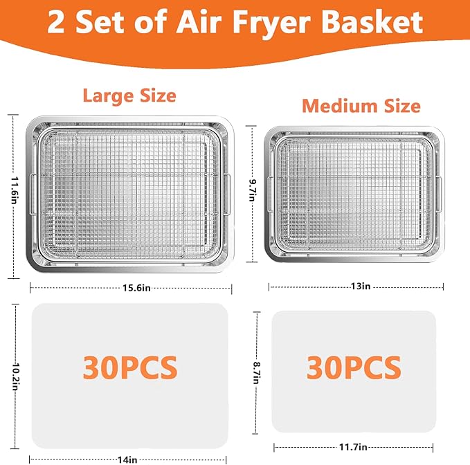 Air Fryer Basket for Oven, 2 Set Oven Air Fryer Basket and Tray with 60 PCS Parchment Papers, Stainless Steel Air Fryers Pan and Crisper Tray for for Baking Cooking and Frying(15.6"X11.6" & 13"X9.7")