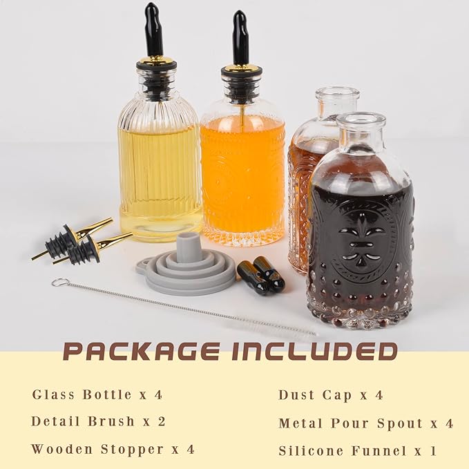ChezMax Syrup Dispenser Bottles Set of 4, Simple Syrup Bottle for Coffee Bar Accessories, 7 oz Glass Coffee Syrup Dispenser Syrup Containers for Maple Honey Syrup Oil, with Metal Pour Spouts & Labels