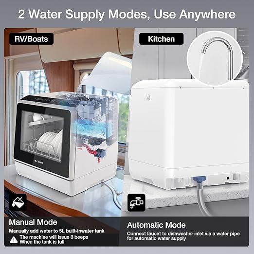 BLITZHOME Portable Dishwasher Countertop, WIFI Smart Dishwasher, Compact Dishwashers with 5L Built-in Water Tank, 6 Programs, 360° Dual Spray, High-Temp& Air-Dry Function, Fruit Cleaning