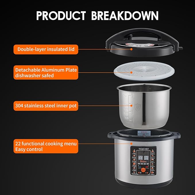 12L/12.8Qt Commercial Electric Pressure Cooker, Digital Control, 304 Stainless steel Inner Pot, Serve for 15-25 people, 1400W/120V with US PLUG, suitable to small restaurant, Canteen, Hotel