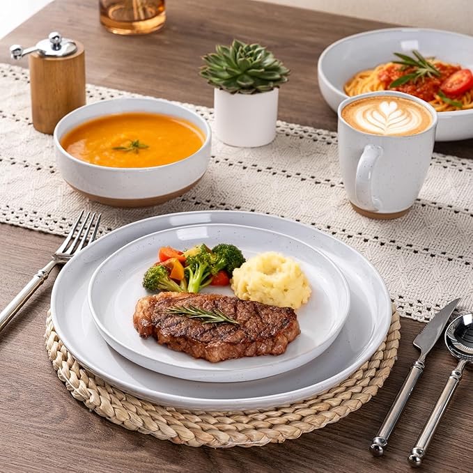AmorArc Ceramic Dinnerware Sets with Pasta Bowls for 6, Handpainted Plates and Bowls Set with Rustic Terracotta Underside, Scratch Resistant Dishes Set, Dishwasher & Microwave Safe, 24 Pcs
