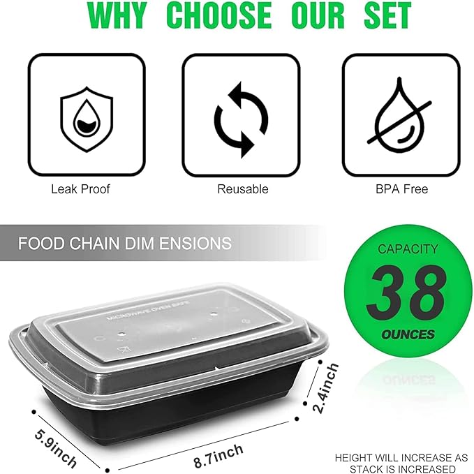 WGCC Meal Prep Containers [38OZ] Plastic Food Storage Containers With Lids,10-Pack Reusable To Go Containers, Disposable Food Prep Container, BPA-free, Stackable, Microwave/Dishwasher/Freezer Safe