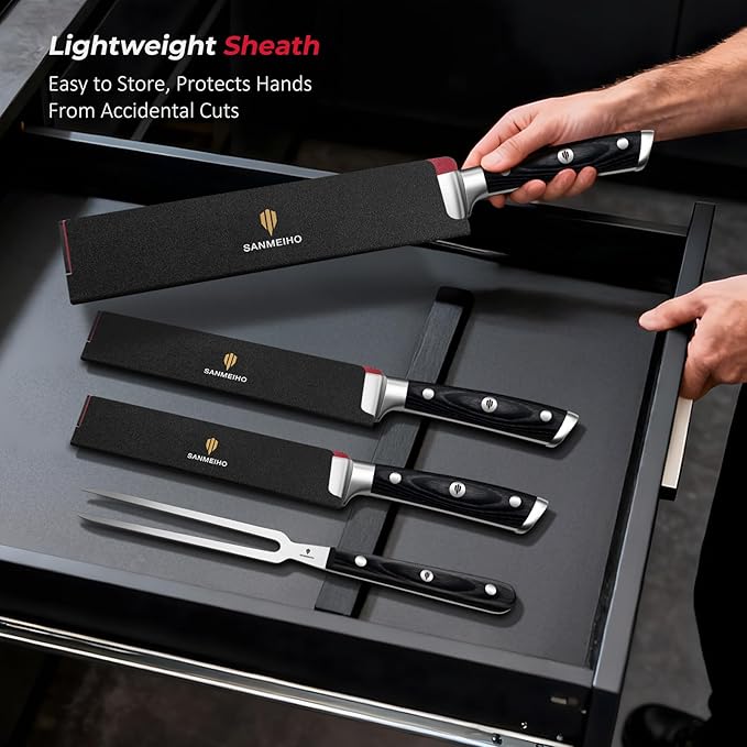 3Pcs Carving Knife Set with Sheath – for Turkey, Meat, BBQ, Brisket, Razor Sharp Slicing Knife, Professional 5Cr15MoV Stainless Steel, Ergonomic Full Tang Wood Handle, Gift Box Included