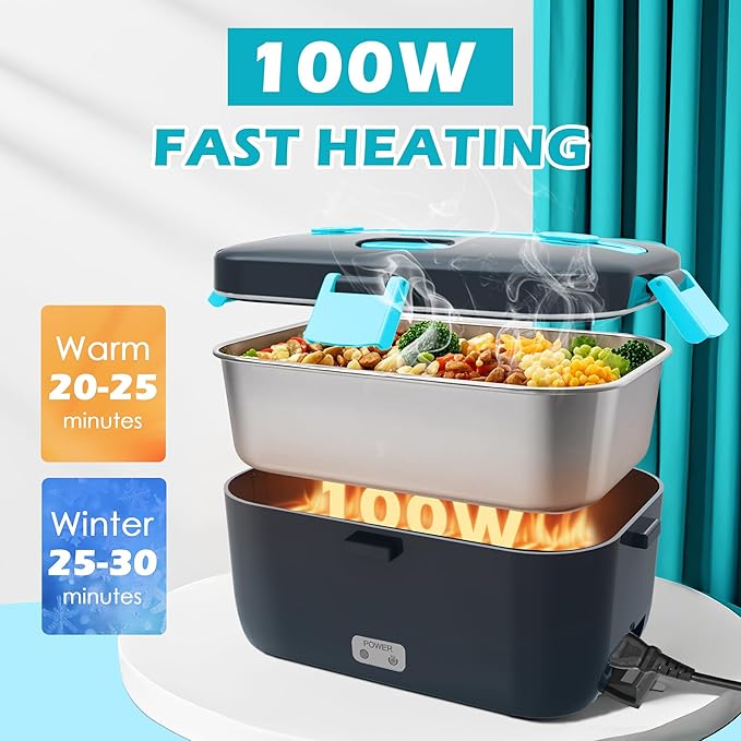 COZYEXPERT Electric-Lunch-Box-Heated-Food-Warmer 100W Heating Lunchbox for Adults 1.8L Portable Food Heater for Work/Car, 12V/24V/110-230V Lonchera Eléctrica Portátil with Fork Spoon (Gray+Blue)