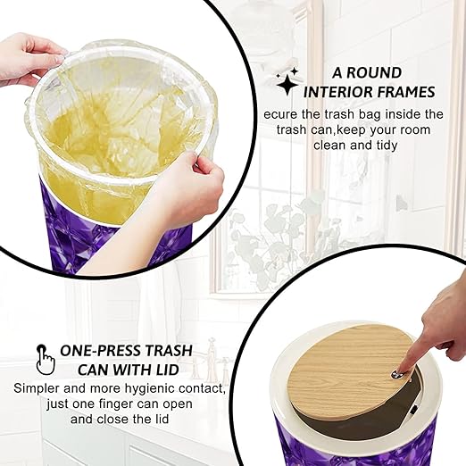 Trash Can with Lid Ultra Violet Crystal Diamond Amethyst Abstract Magic Shiny Dark Purple Press Top Round Small Garbage Bin with Wooden Legs Waste Basket for Kitchen Bedroom Nursery 7L/1.8 Gallon