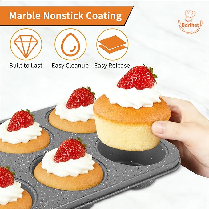 2 Pack Jumbo Muffin Pan, 6 Cup Large Cupcake Pan with Speckled Granite Coating and Paper Liners, Professional Nonstick Carbon Steel Muffin Tin for Baking Muffins Frittatas Cupcakes, Grey