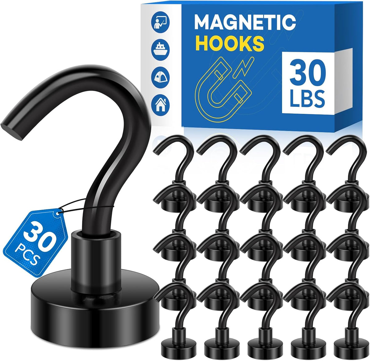 LOVIMAG Magnetic Hooks，30Lbs Magnets with Hooks for Cruise, Black Magnetic Hooks for Hanging, Fridge, Classroom, Refrigerator, Ceiling, Office, Kitchen. Grill, Garage-30Pack