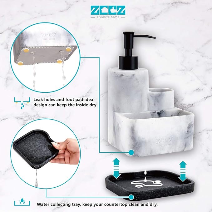 ZCCZ White Soap Dispenser with Sponge Holder, Kitchen Soap Dispenser Pump, Sponge Caddy and Brush Holder 3 in 1 Set Organizer for Sink Countertop, Removable Tray, Marble Look (Brush NOT Included)
